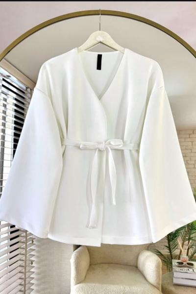 Scuba kumaş ön bağlamalı Kimona ceket Beyaz DS2053
