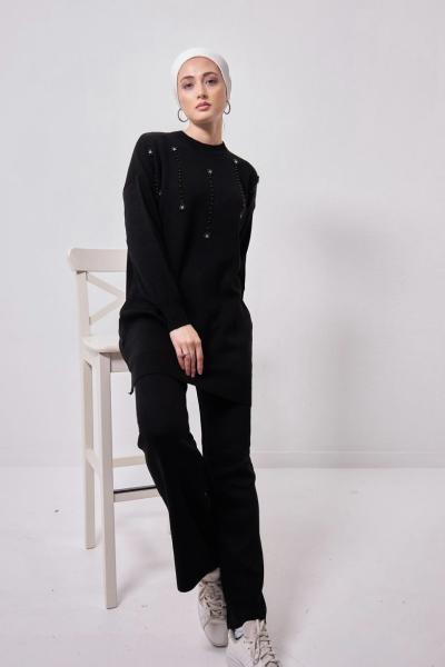 Taş İşlemeli Triko Takım Siyah NSY 30182