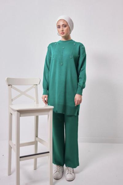 Taş İşlemeli Triko Takım Yeşil NSY 30182