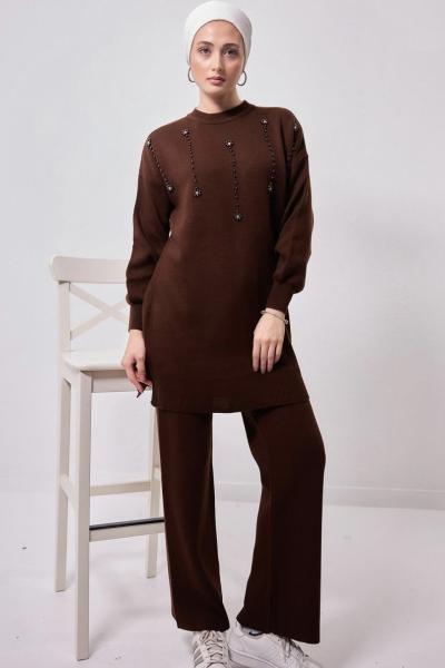 Taş İşlemeli Triko Takım Kahve NSY 30182