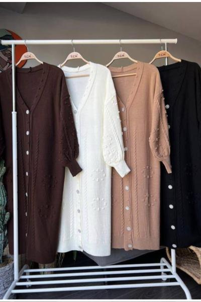 Taşlı düğmeli kabartmalı Hırka Kahve TCN4051