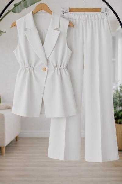 Tek Düğmeli yelekli Takım Beyaz TB8083
