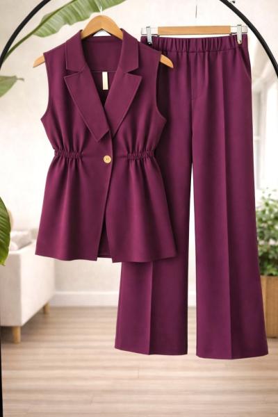 Tek Düğmeli yelekli Takım Mürdüm TB8083