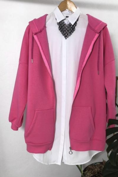 Üçiplik şardonlu Kapşonlu ceket Mont Pembe TBT1308