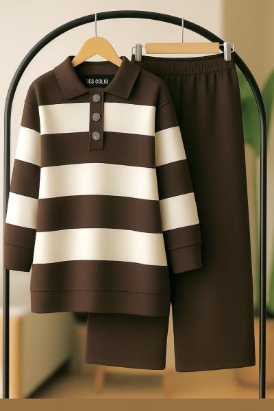 Yaka düğmeli Geniş çizgili Triko Takım kahve TCN40135