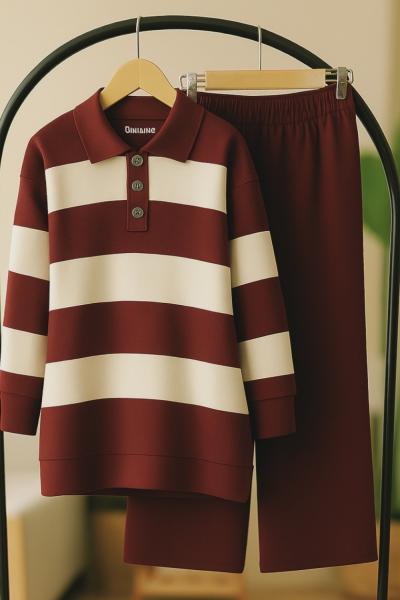 Yaka düğmeli Geniş çizgili Triko Takım Bordo TCN40135