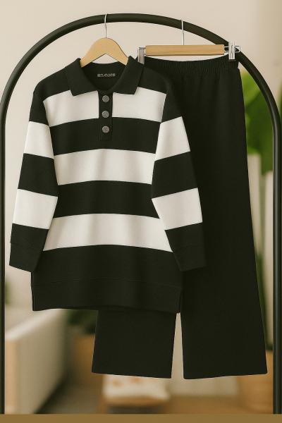 Yaka düğmeli Geniş çizgili Triko Takım Siyah TCN40135