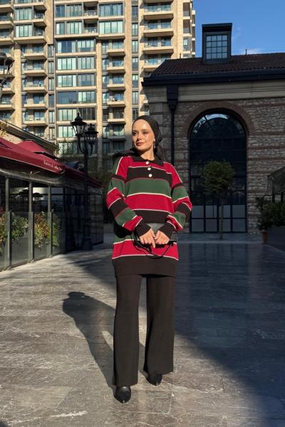 Yaka düğmeli Çizgili Triko Takım Siyah TCN40148