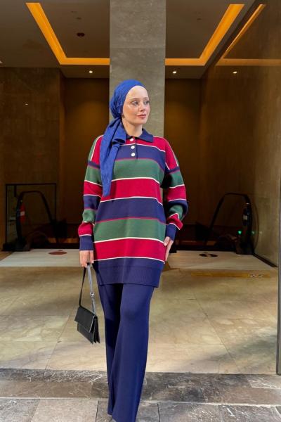 Yaka düğmeli Çizgili Triko Takım Lacivert TCN40148