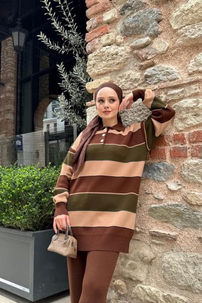 Yaka düğmeli Çizgili Triko Takım Kahverengi TCN40148