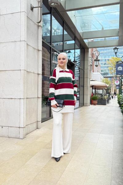 Yaka düğmeli Çizgili Triko Takım ekru TCN40148