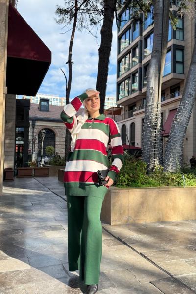 Yaka düğmeli Çizgili Triko Takım Yeşil TCN40148