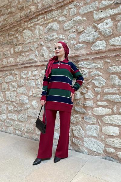 Yaka düğmeli Çizgili Triko Takım Bordo TCN40148