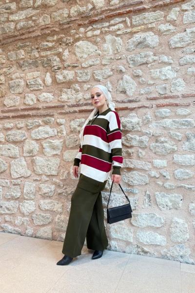 Yaka düğmeli Çizgili Triko Takım Haki TCN40148