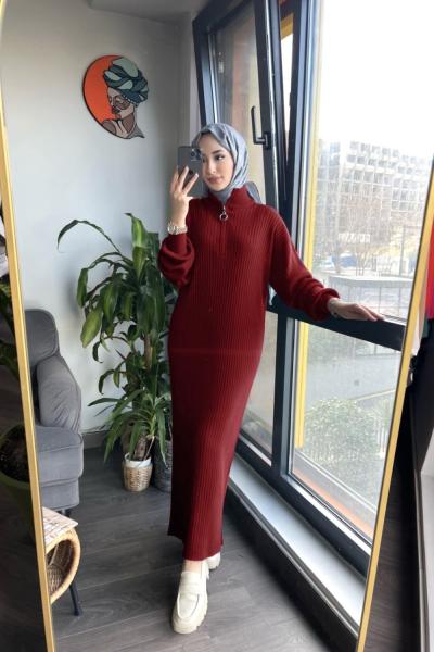 Yaka fermuarlı triko elbise Bordo TCN4049