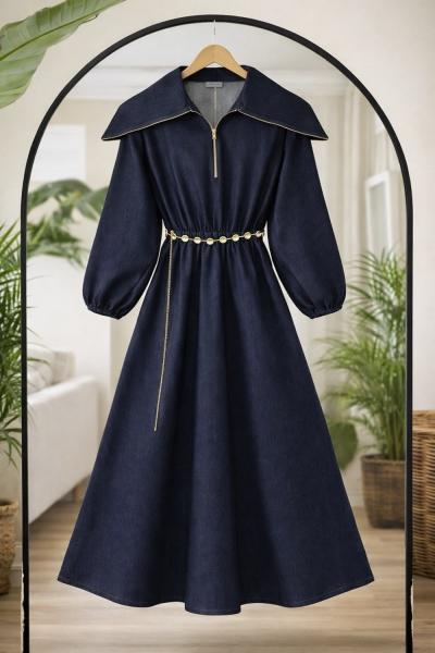 Yaka fermuarlı Bel Lastikli Elbise Lacivert BK9555