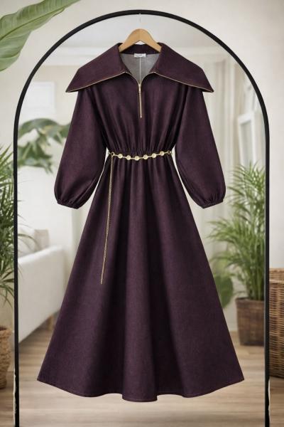 Yaka fermuarlı Bel Lastikli Elbise Mürdüm BK9555