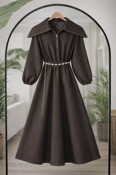 Yaka fermuarlı Bel Lastikli Elbise kahve BK9555
