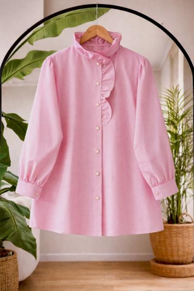 Yaka fırfırlı taş düğmeli tunik Pembe TB8064