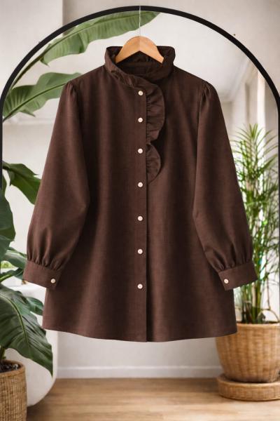 Yaka fırfırlı taş düğmeli tunik kahverengi TB8064