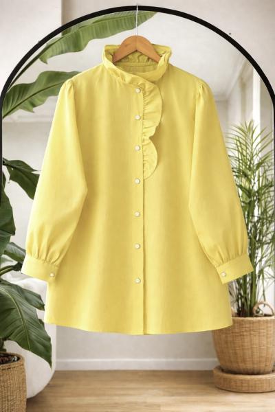 Yaka fırfırlı taş düğmeli tunik Sarı TB8064