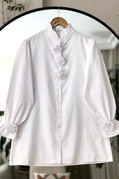Yaka Kol Gül Detaylı Gömlek Tunik Beyaz YR30534