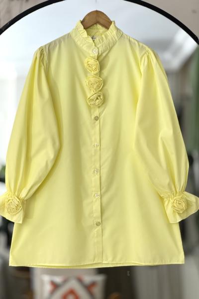 Yaka Kol Gül Detaylı Gömlek Tunik Sarı YR30534