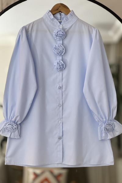 Yaka Kol Gül Detaylı Gömlek TunikMavi YR30534