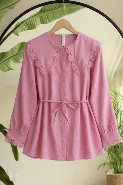 Yaka Kol Manşet Dantelli Gömlek Pembe TB8081