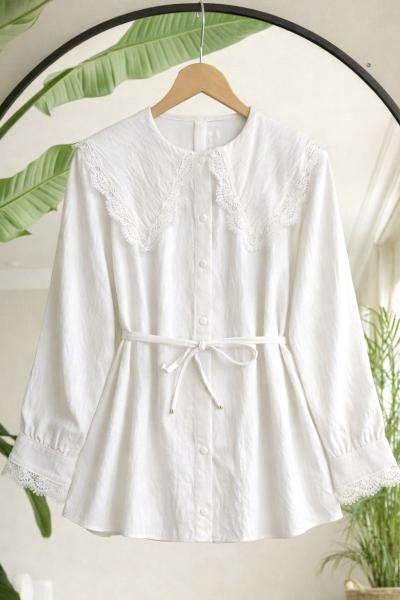 Yaka Kol Manşet Dantelli Gömlek Beyaz TB8081