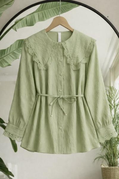 Yaka Kol Manşet Dantelli Gömlek Yeşil TB8081