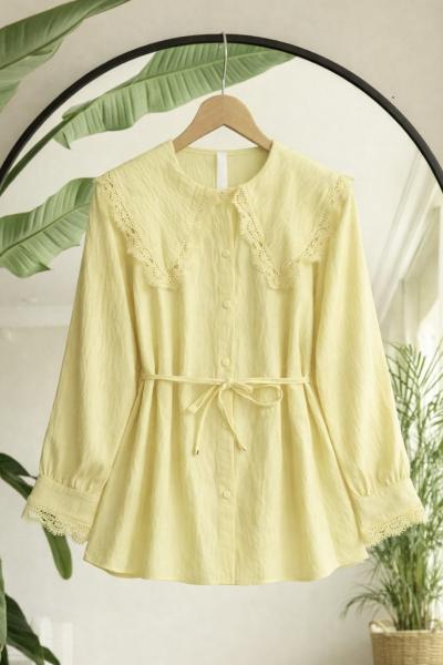Yaka Kol Manşet Dantelli Gömlek Sarı TB8081