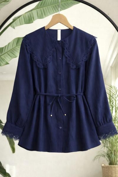 Yaka Kol Manşet Dantelli Gömlek Lacivert TB8081