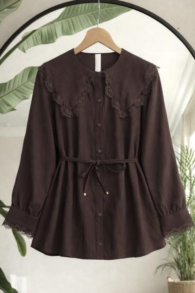Yaka Kol Manşet Dantelli Gömlek Kahverengi TB8081