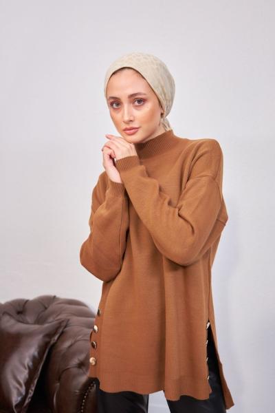 Yanlardan düğme detaylı Kazak Camel SLT30184