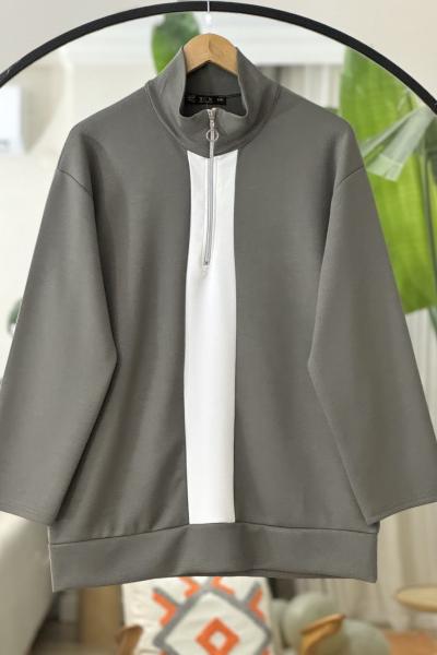 Yarım Fermuarlı Beyaz Garnili Tunik Yeşil TCN40121