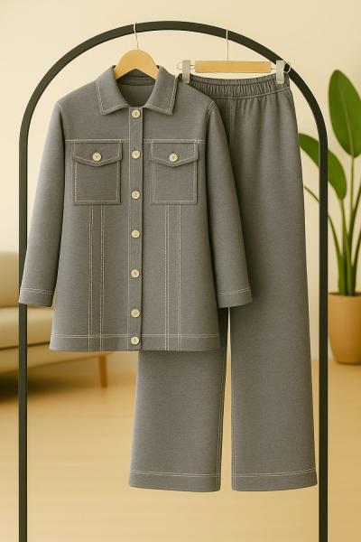 Ahşap Düğmeli cepli Tiko Takım Gri TCN40138