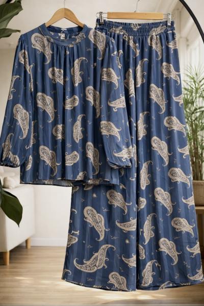 Astarlı desenli şifon Takım İndigo HT8097