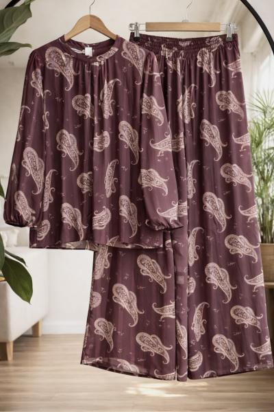 Astarlı desenli şifon Takım Mürdüm HT8097