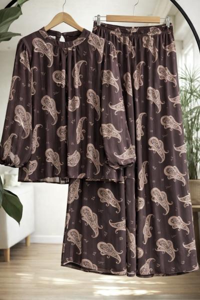 Astarlı desenli şifon Takım Kahve HT8097