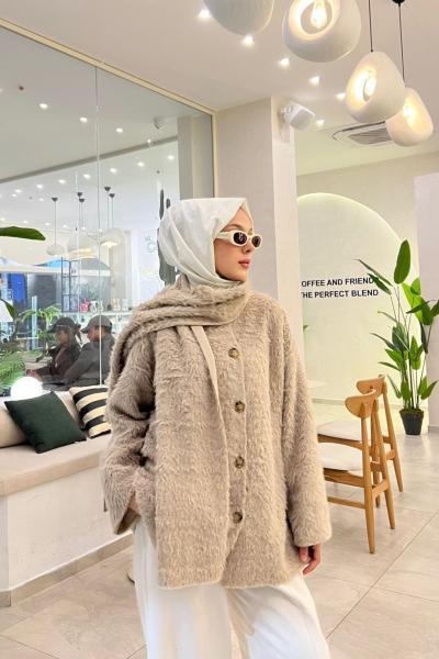 Atkı Detaylı ceket mot Bej Af2059