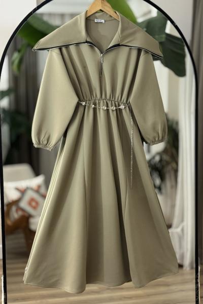 Ayarlanabilir fermuarlı Yaka bel lastikli elbise Yeşil BK9526