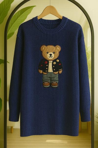 Ayıcık işlemeli Triko Tunik Lacivert TCN40142