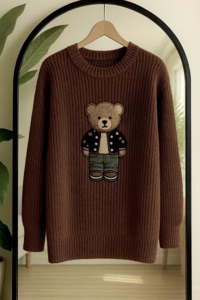 Ayıcık işlemeli Triko Tunik Kahverengi TCN40142