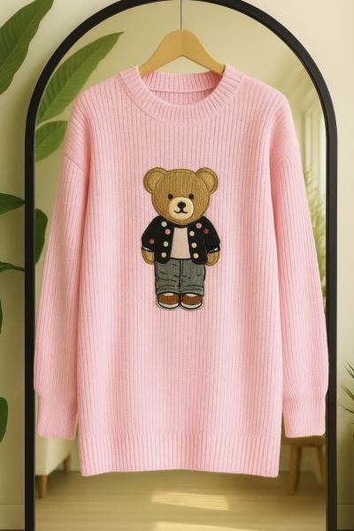 Ayıcık işlemeli Triko Tunik Pembe TCN40142