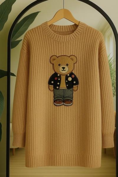 Ayıcık işlemeli Triko Tunik Camel TCN40142