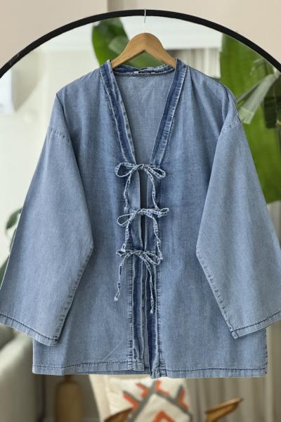 Bağcıklı kot kimono Lacivert FX8067