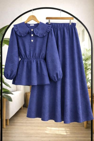 Bebe yaka Bel lastikli etekli Takım İndigo NW8098