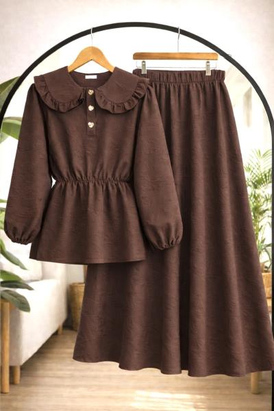 Bebe yaka Bel lastikli etekli Takım Kahverengi NW8098