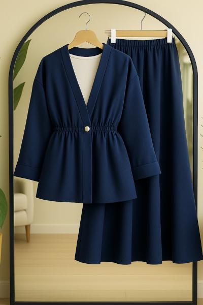bel lastikli ceket etek takım Lacivert BK9536